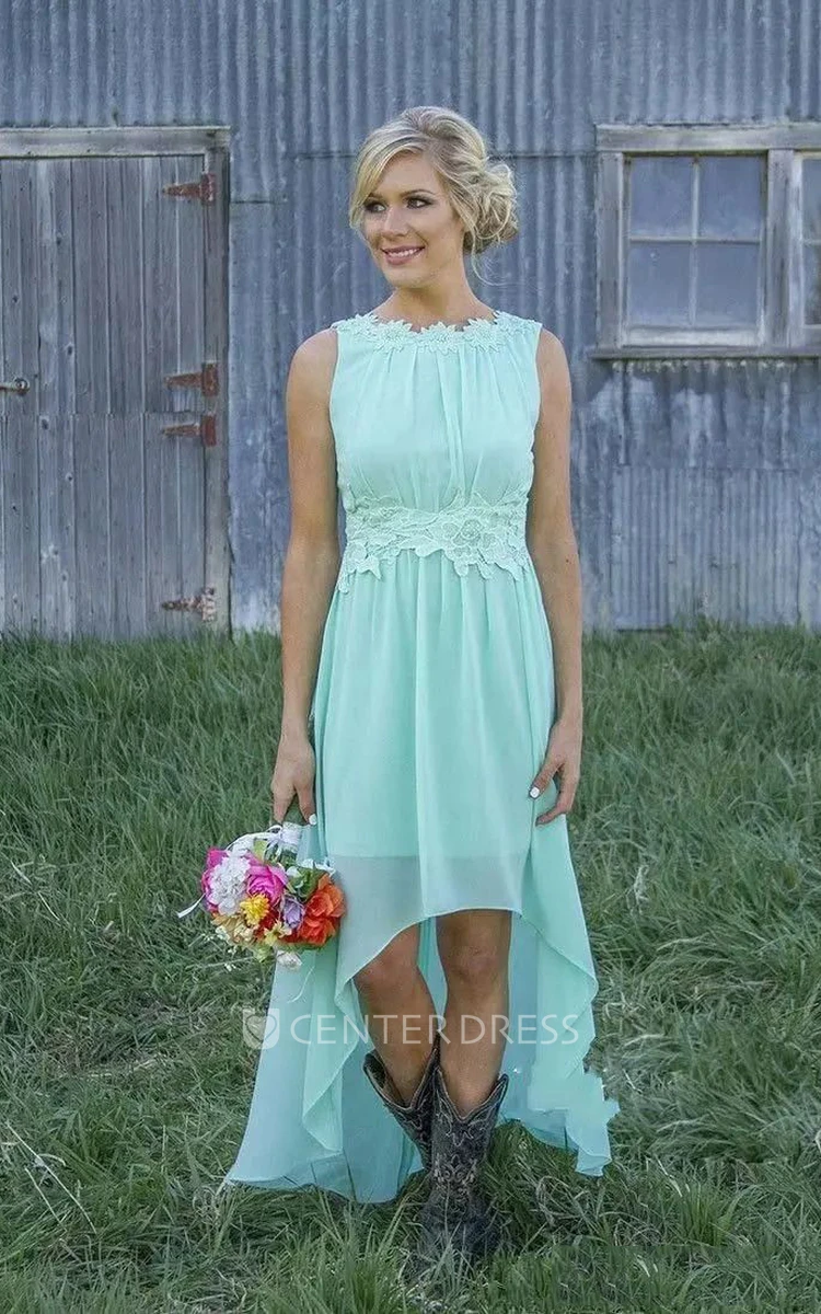 Sleeveless A-line Jewel High-low Chiffon Bridesmaid Dress with Appliques and Ruching