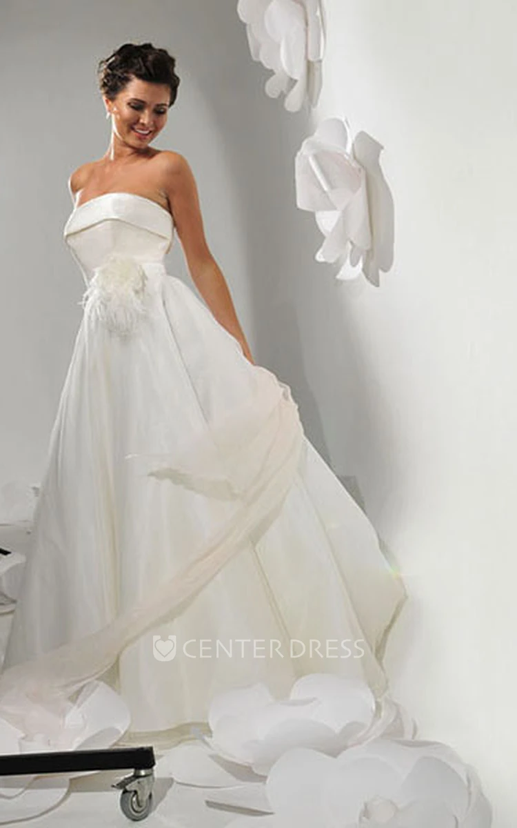 A-Line Sleeveless Floor-Length Strapless Floral Satin Wedding Dress With Court Train And Backless Style