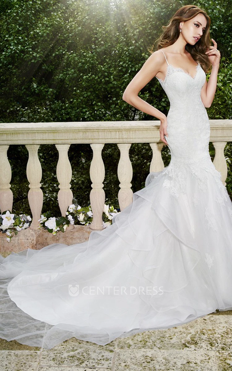 Mermaid Floor-Length Appliqued Spaghetti Sleeveless Lace&Tulle Wedding Dress With Chapel Train And Backless Style