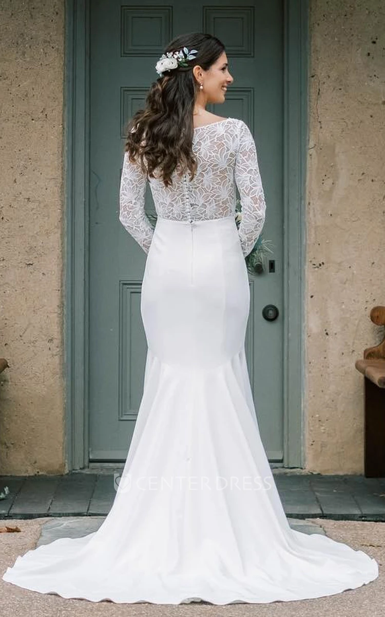 Elegant Mermaid Lace Appliques Wedding Dress Petal Long Sleeve Gown with Sweep Train