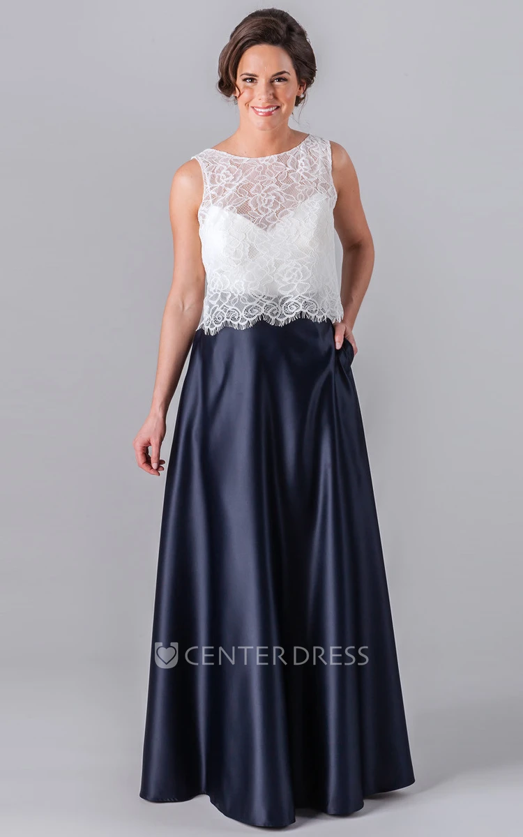 Floor-Length Lace Sleeveless Scoop Neck Satin Bridesmaid Dress