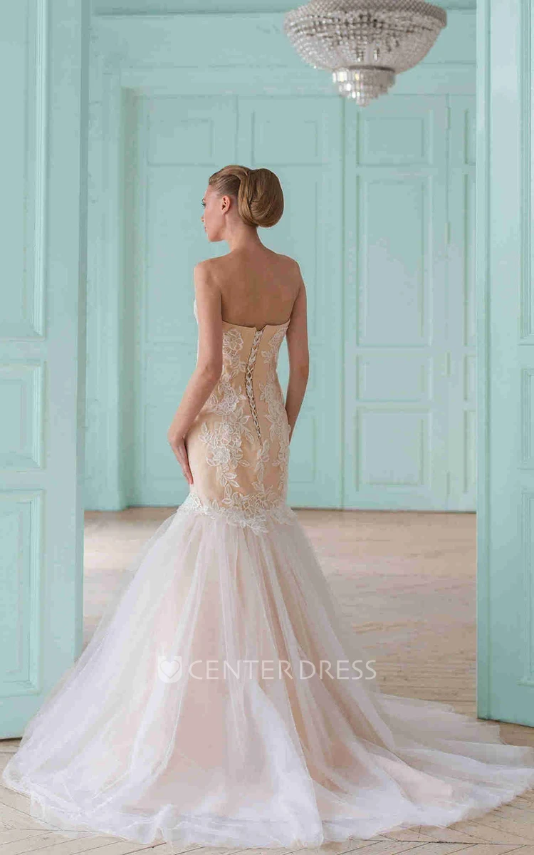 Trumpet Long Sweetheart Tulle&Lace Wedding Dress With Corset Back