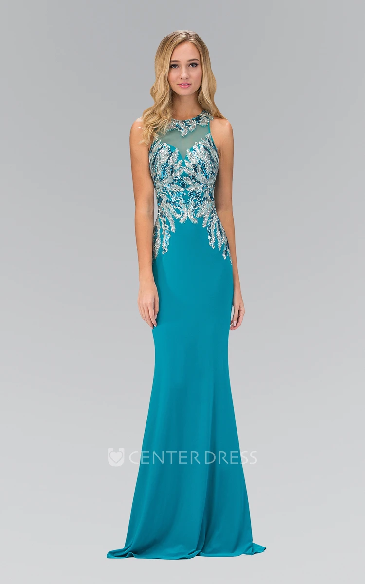 Sheath Jewel-Neck Sleeveless Jersey Straps Dress With Beading And Sequins