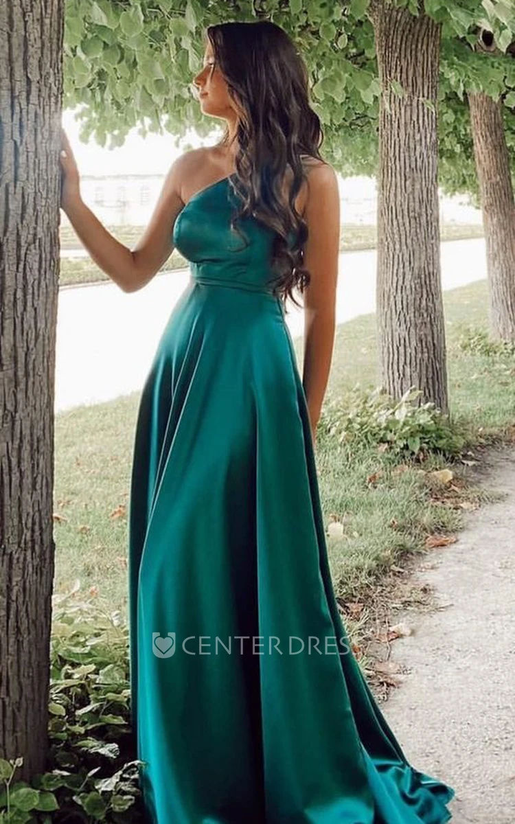 A-Line One-shoulder Simple Sexy Satin Country Prom Dress With Zipper Back