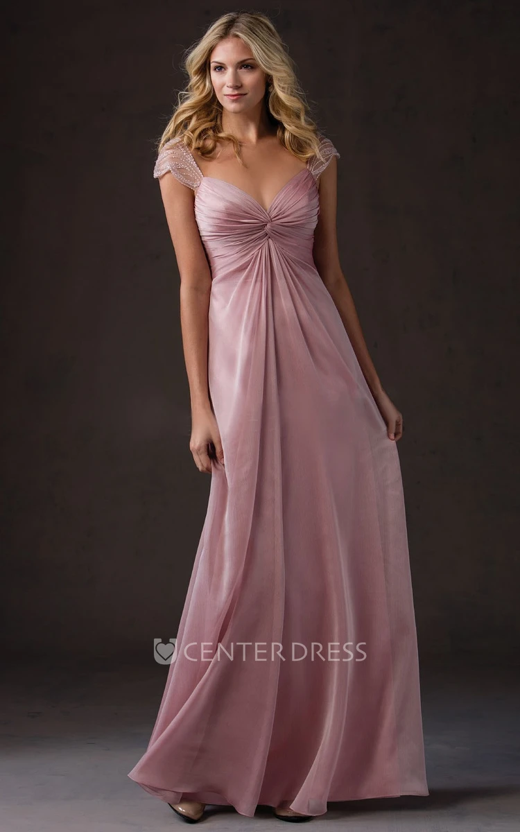 Cap-Sleeved V-Neck A-Line Bridesmaid Dress With Ruches And V-Back