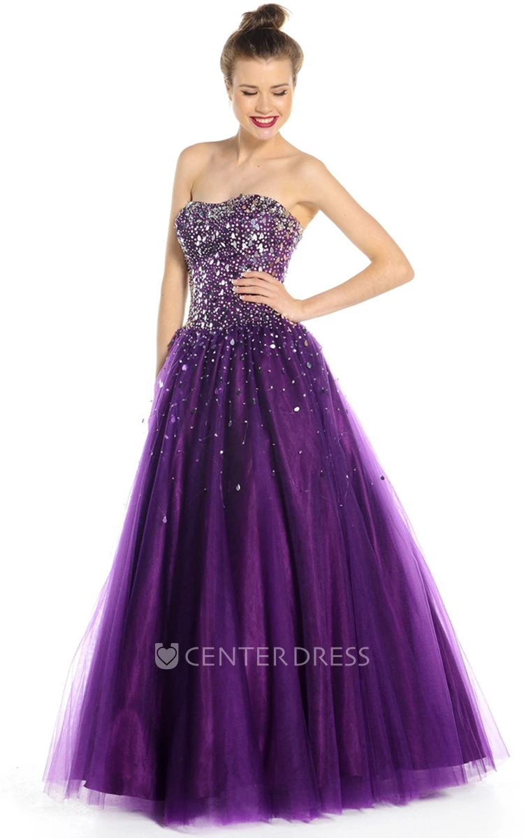 A-Line Sleeveless Beaded Strapless Floor-Length Tulle Prom Dress With Lace-Up Back