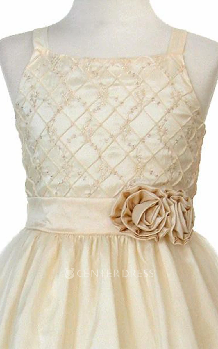 Tea-Length Sleeveless Embroideried Tulle&Taffeta Flower Girl Dress