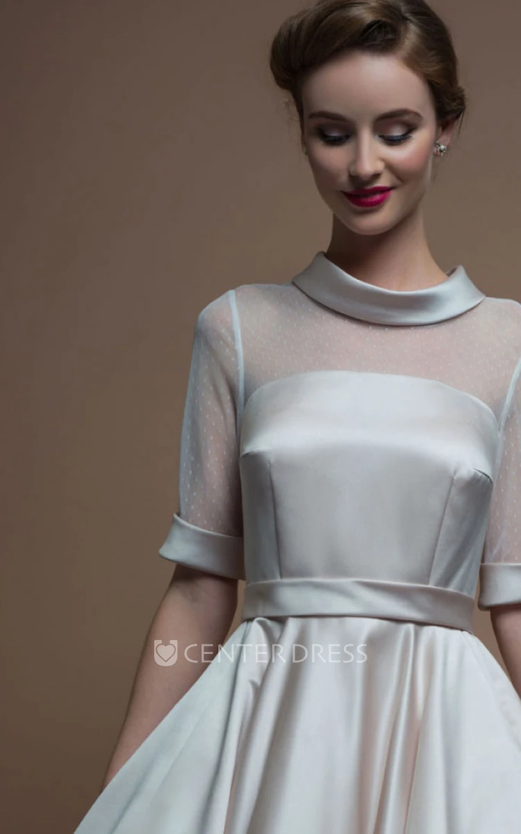 A-Line Tea-Length High Neck Sleeveless Satin Wedding Dress With Illusion
