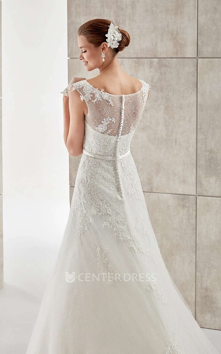 Jewel-neck Cap-sleeve A-line Wedding Dress with Lace Appliques and Illusive Design