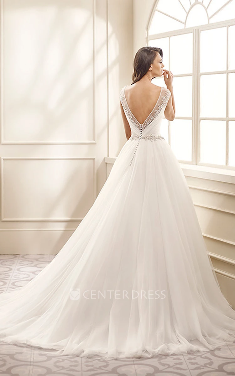 A-Line Cap-Sleeve Scoop-Neck Floor-Length Beaded Tulle Wedding Dress With Criss Cross And Waist Jewellery