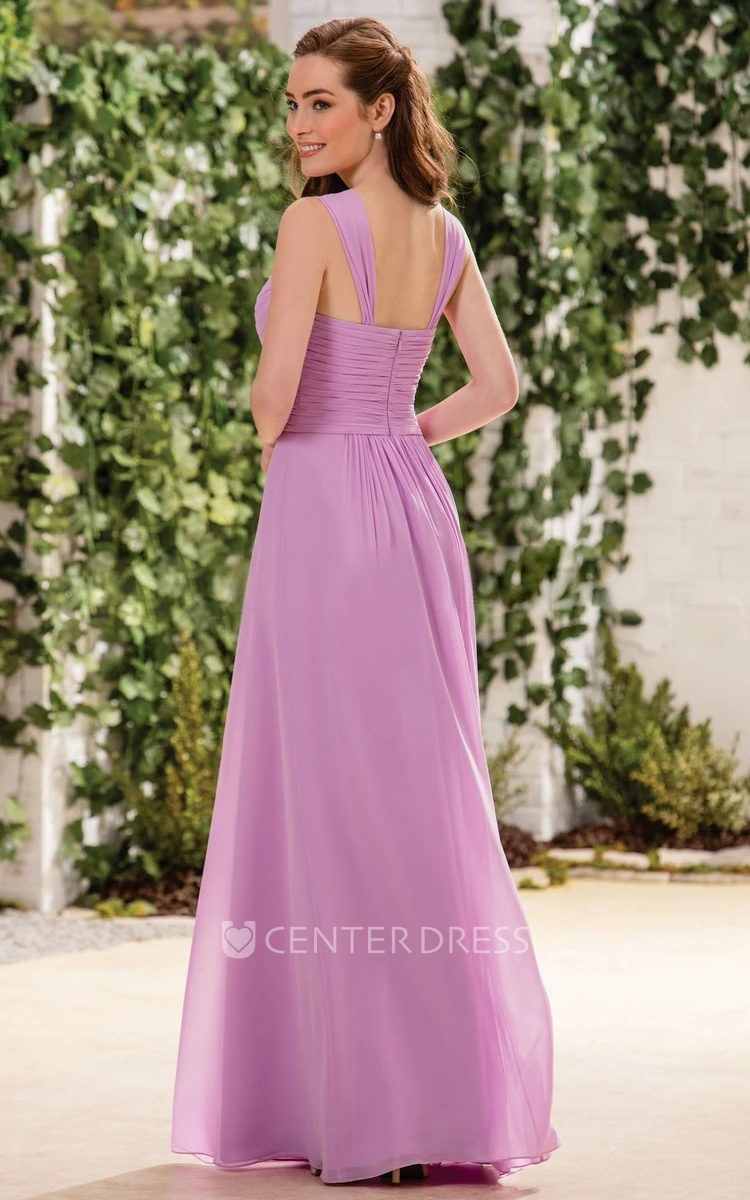 Sleeveless V-Neck A-Line Floor-Length Bridesmaid Dress With Crisscross Ruching
