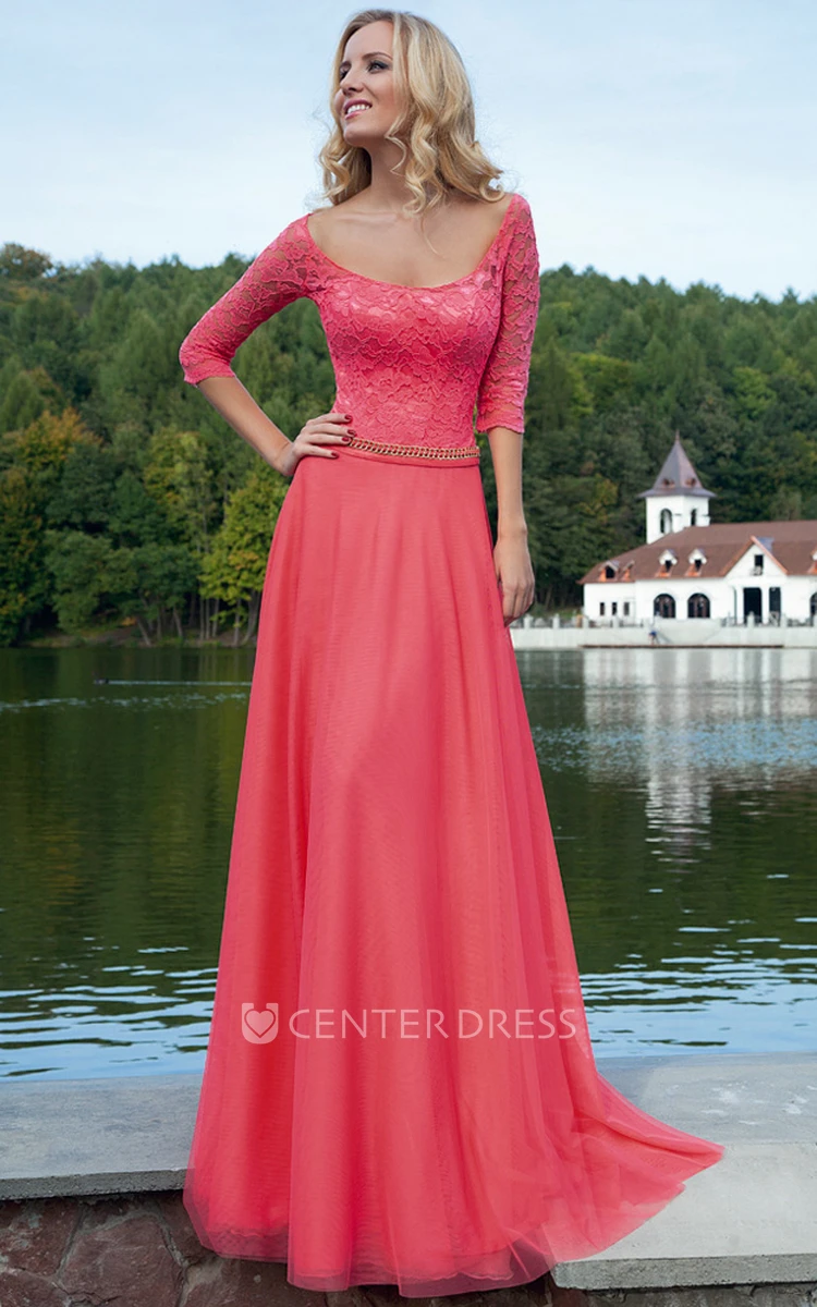 Sheath Square-Neck Maxi Half-Sleeve Lace Tulle Prom Dress With Waist Jewellery