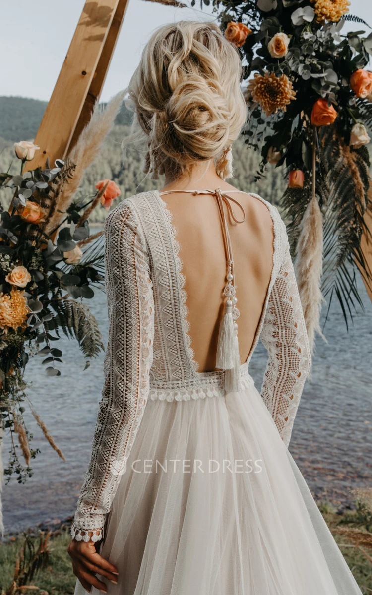 Bohemian V-neck A-Line Tulle Wedding Dress With Illusion Long Sleeves And Open Back 