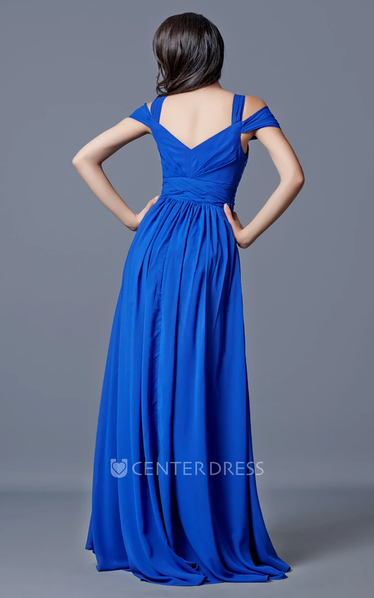 Chiffon A-line Off-the-shoulder Bandaged Long Prom Dress with Split