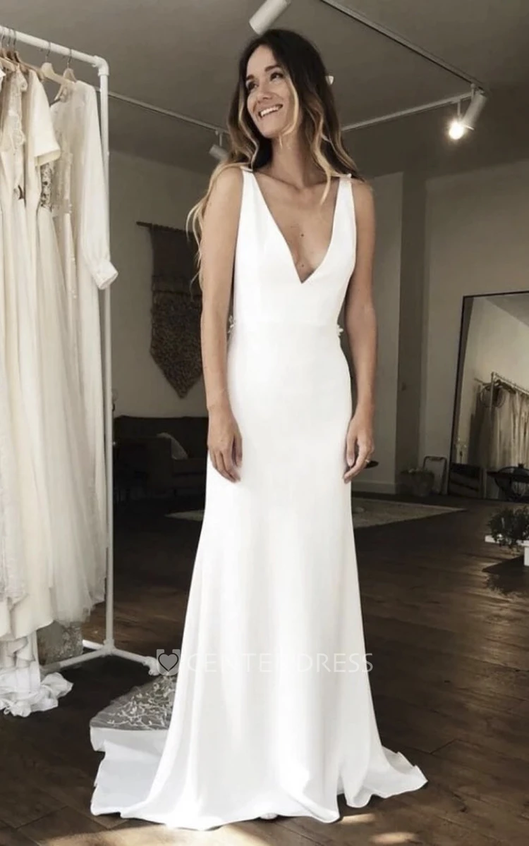 Plunging Sleeveless Simple Stain Gown With Illusion Deep V-back And Lace