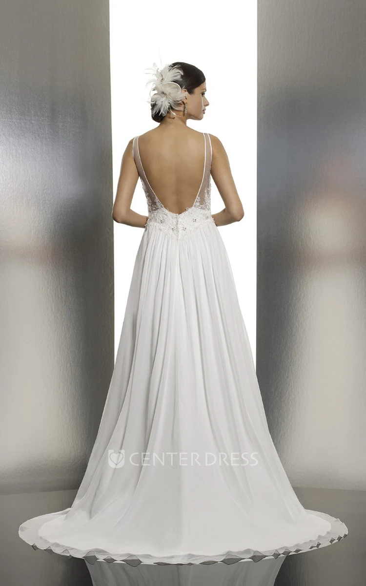 Sheath Floor-Length V-Neck Sleeveless Appliqued Chiffon Wedding Dress With Pleats And Backless Style