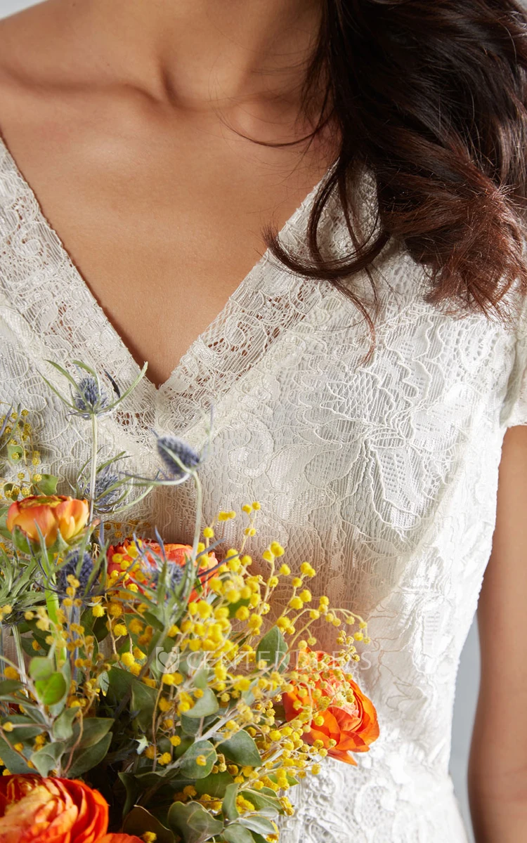 Sheath Cap-Sleeve Maxi V-Neck Lace Wedding Dress With V Back