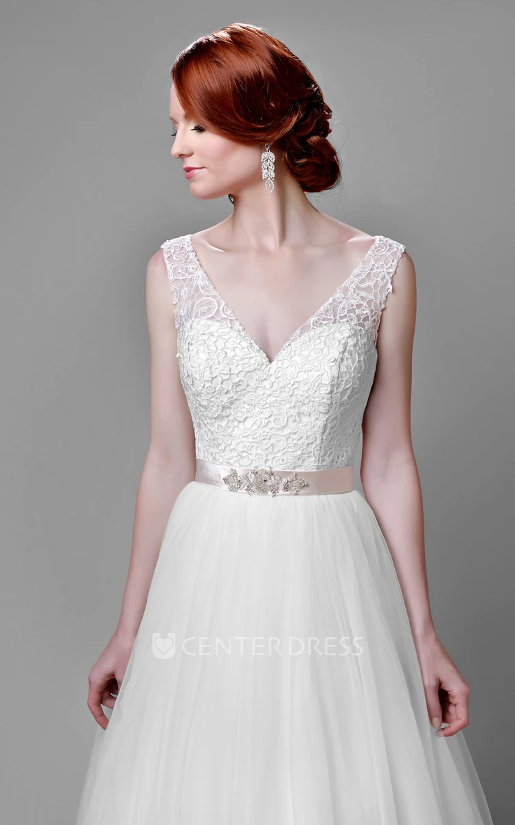 Sleeveless V-Neck Lace And Tulle Wedding Dress With Beaded Satin Belt