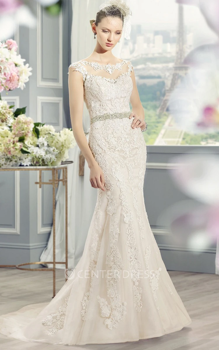 Sheath Scoop-Neck Long-Sleeveless Jeweled Lace Wedding Dress With Appliques And Deep-V Back