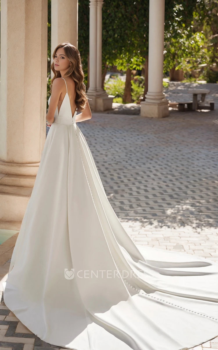 Sexy Simple A-Line Plunging Neckline Floor-length Spaghetti Satin Wedding Dress Solid Elegant Sleeveless Draping Court Bridal Gown with Pockets Button Back