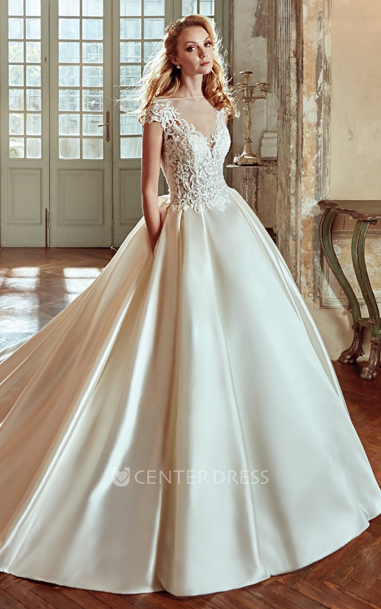 V Neck A line Wedding Dress With Lace Bodice and Satin Skirt