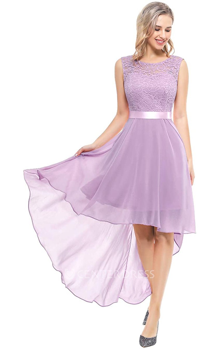 Chiffon High-Low Bateau A Line Sleeveless Bridesmaid Dress With Sash/Ribbon  - UCenter Dress