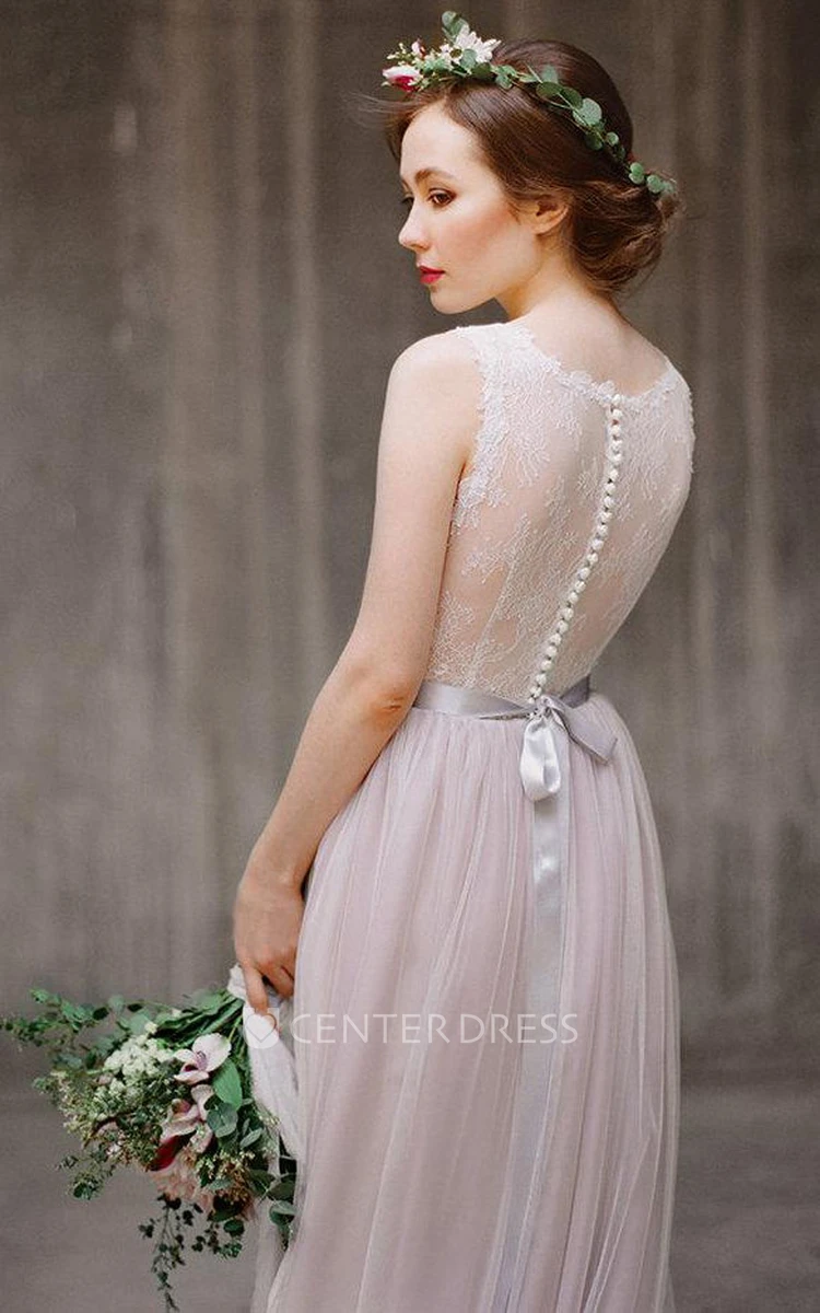 Illusion Back Tulle and Lace Dress With Ribbon
