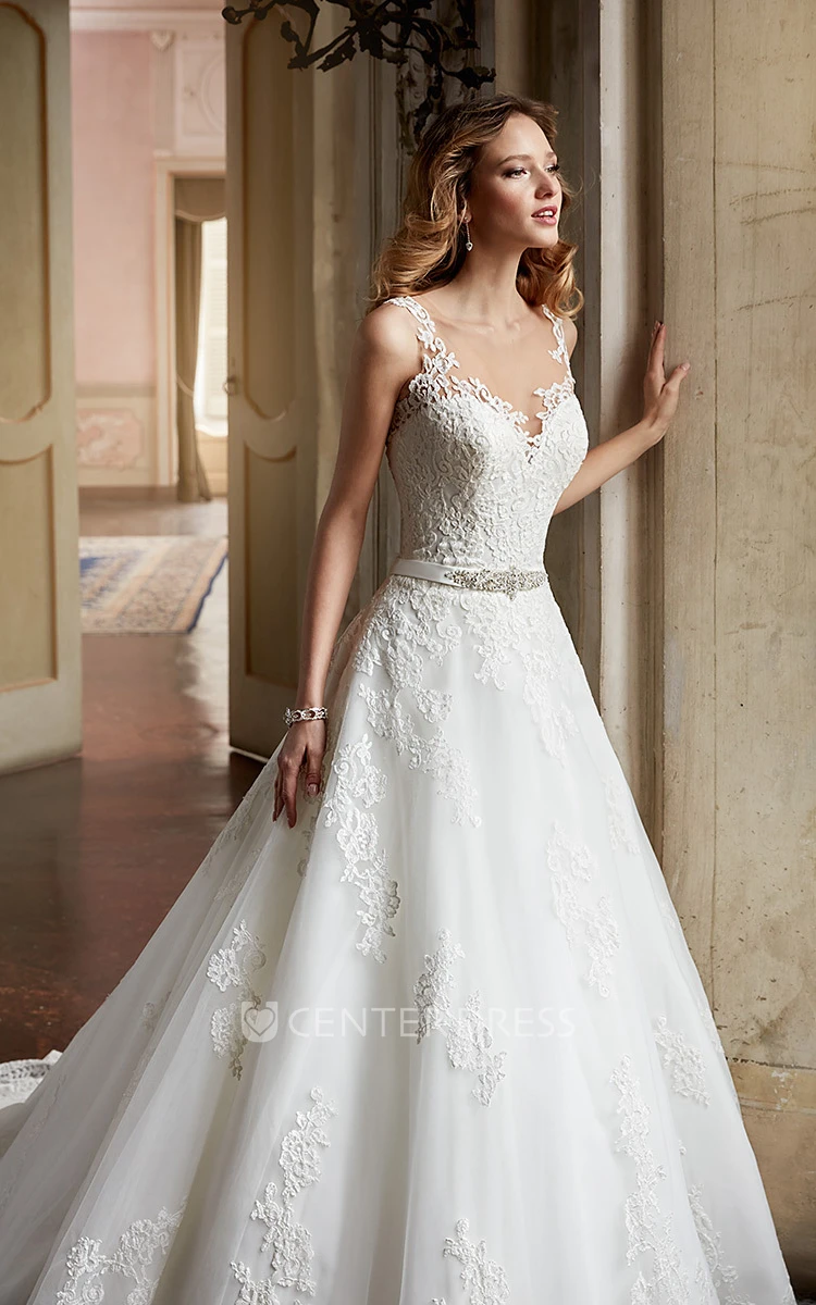 A-Line Scoop-Neck Sleeveless Maxi Appliqued Lace Wedding Dress With Waist Jewellery