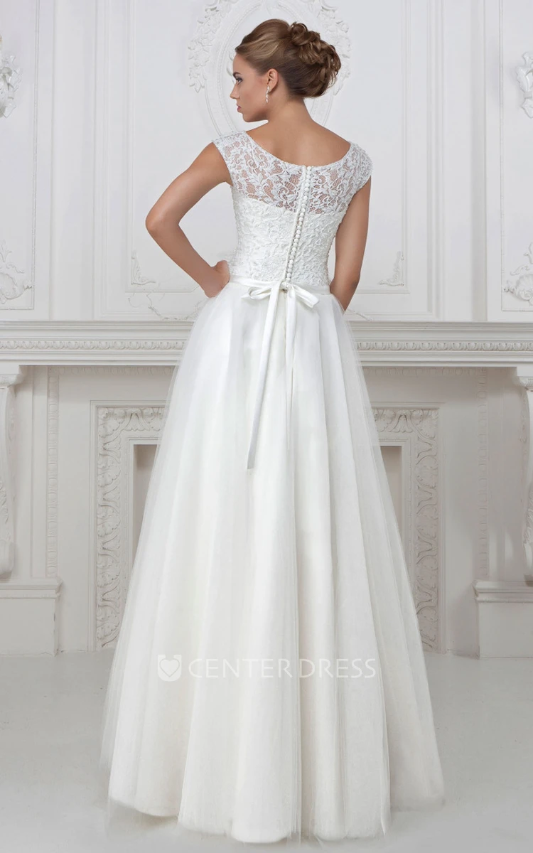 A-Line Cap-Sleeve Floor-Length Scoop-Neck Lace&Tulle&Satin Wedding Dress