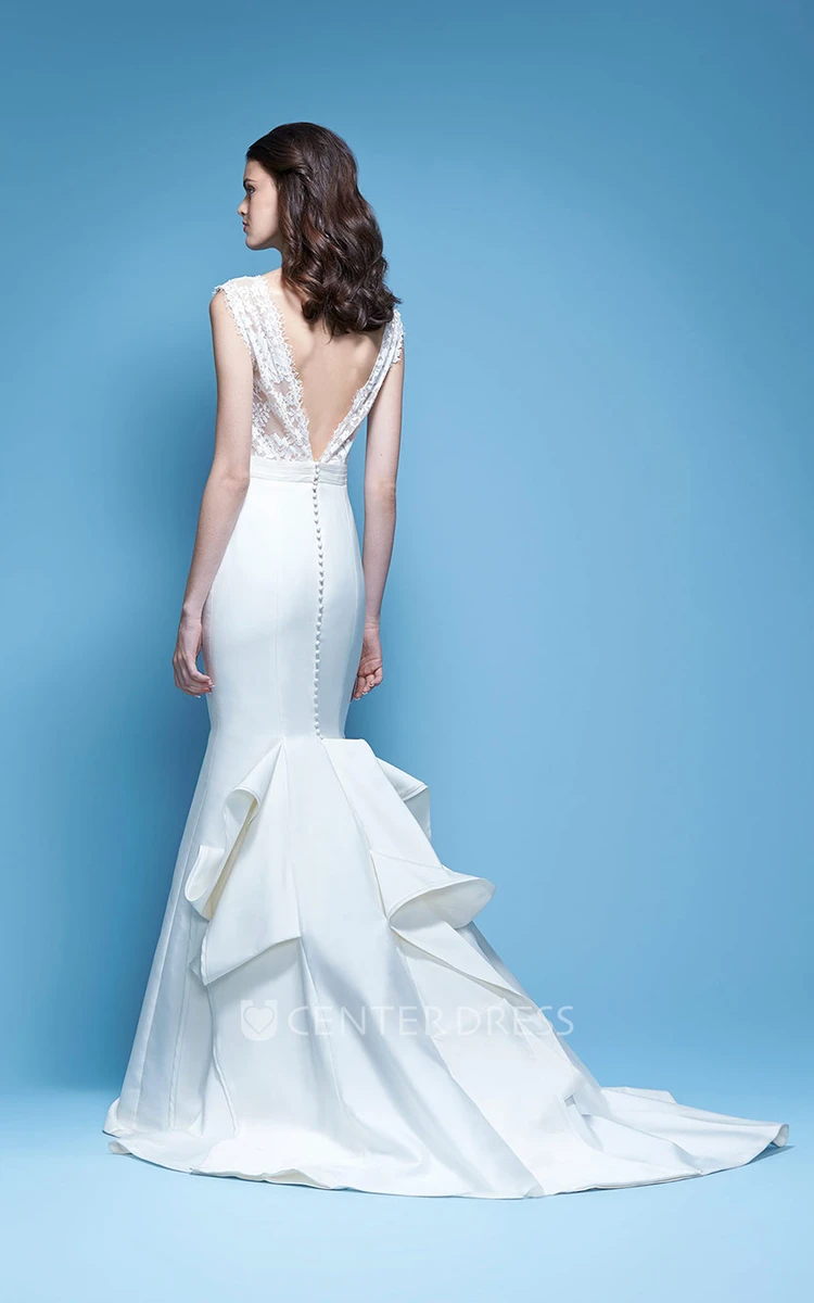 Sheath Bateau-Neck Lace Long Sleeveless Satin Wedding Dress