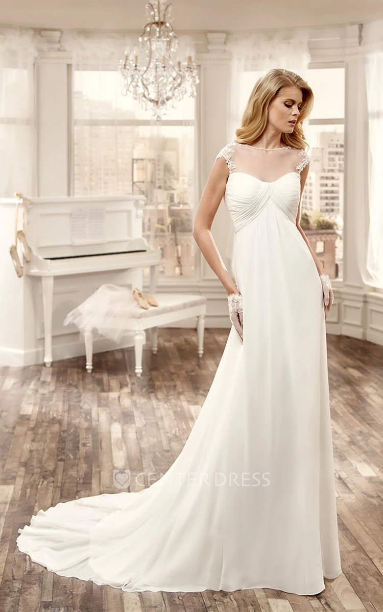 Cap-Sleeve Chiffon Long Wedding Dress With Pleated Bust And Brush Train