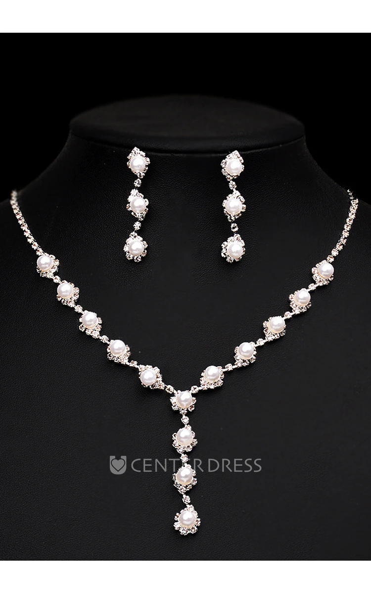 Special Bridal Pearl Design Rhinestone Necklace and Earrings Jewelry Set