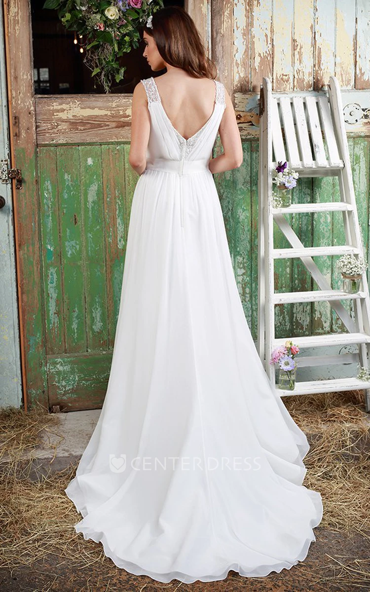 Sleeveless Ruched V-Neck Chiffon Wedding Dress With Beading