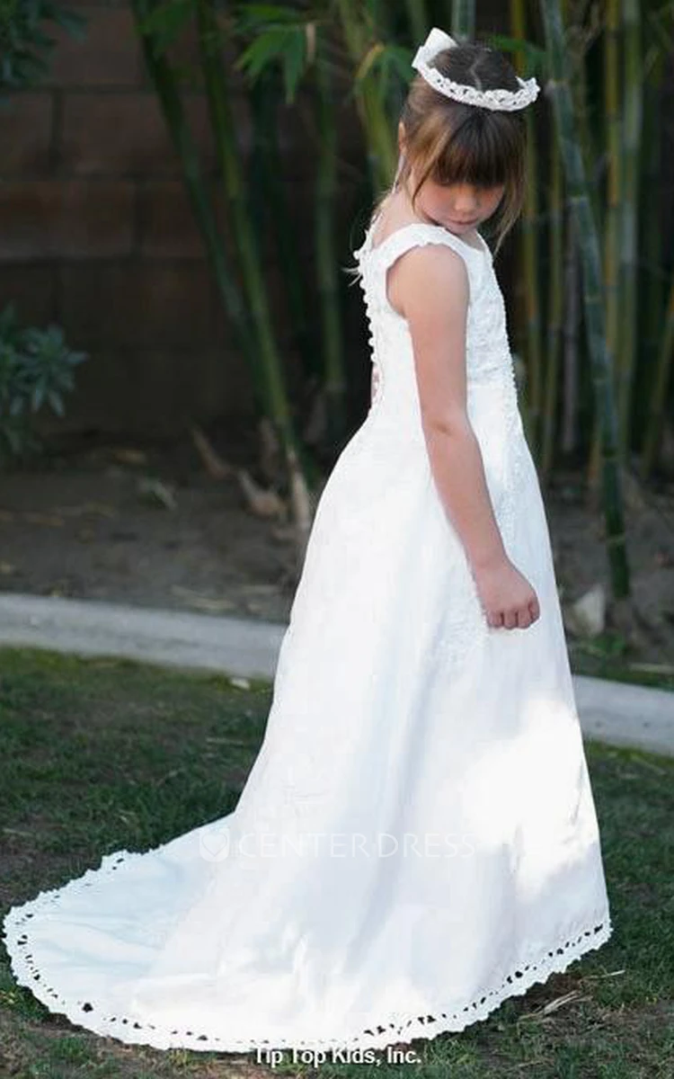 Embroideried Beaded Tiered Satin Flower Girl Dress With Court Train And Flower