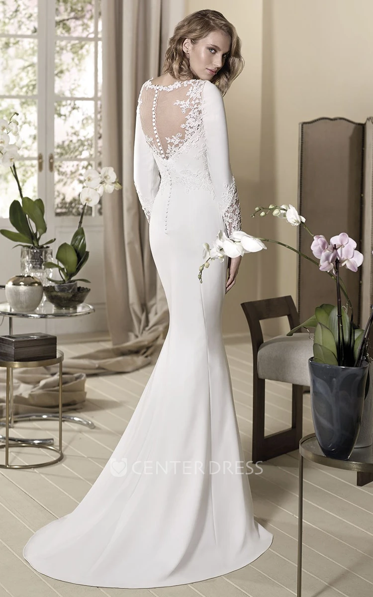 Sheath Long-Sleeve High-Neck Appliqued Floor-Length Jersey Wedding Dress
