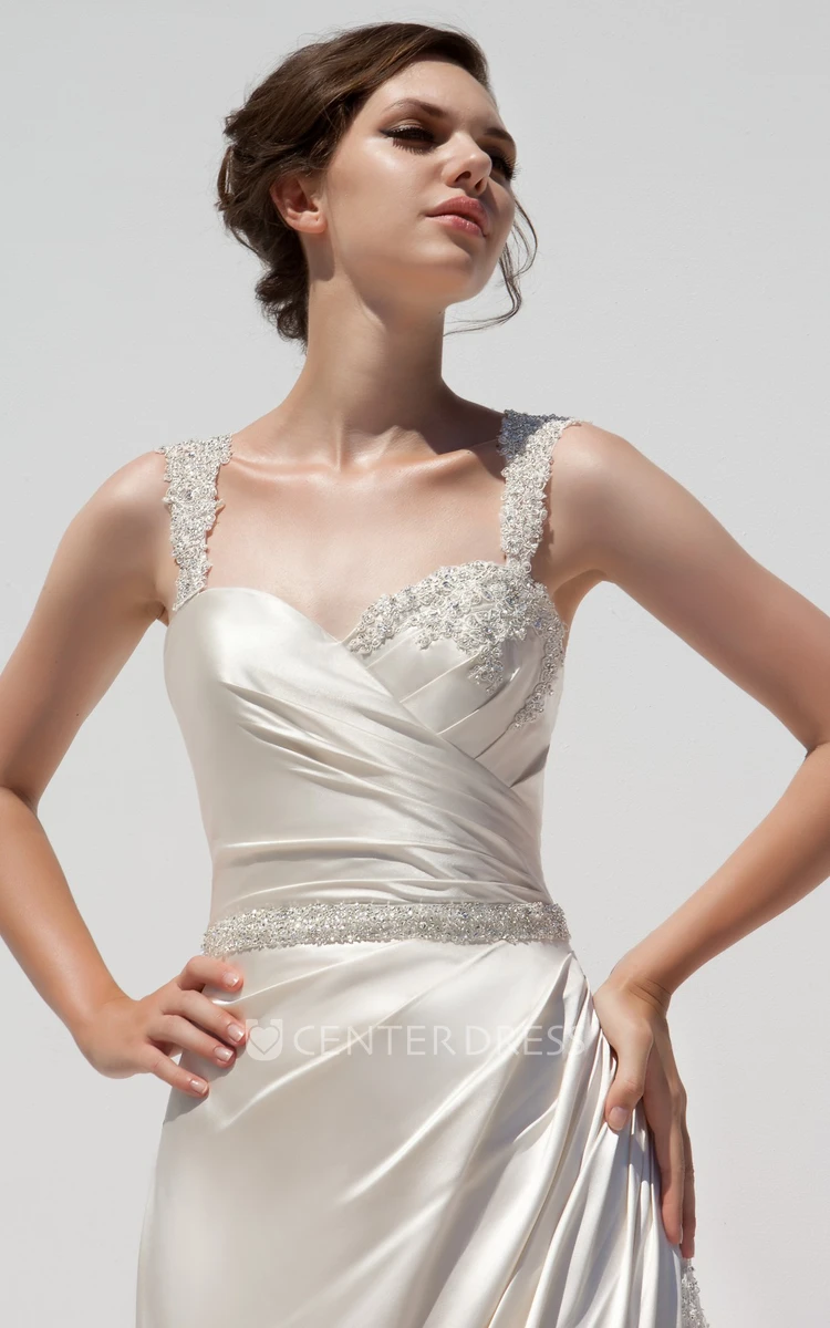 A-Line Strapped Sleeveless Beaded Long Satin Wedding Dress With Side Draping