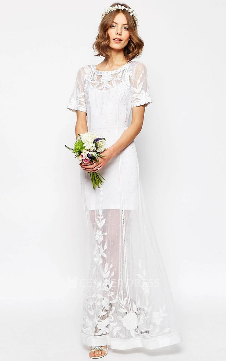 Sheath Short-Sleeve Scoop-Neck Long Tulle Wedding Dress With Embroidery And V Back