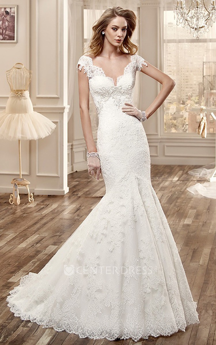 Deep V Neck Lace Trumpet Wedding Dress