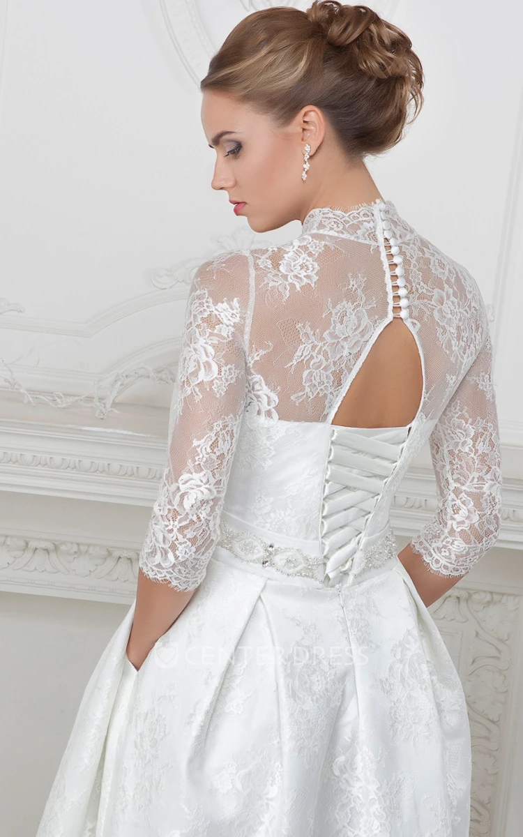 High Neck Half-Sleeve Long Lace Wedding Dress With Waist Jewellery And Corset Back