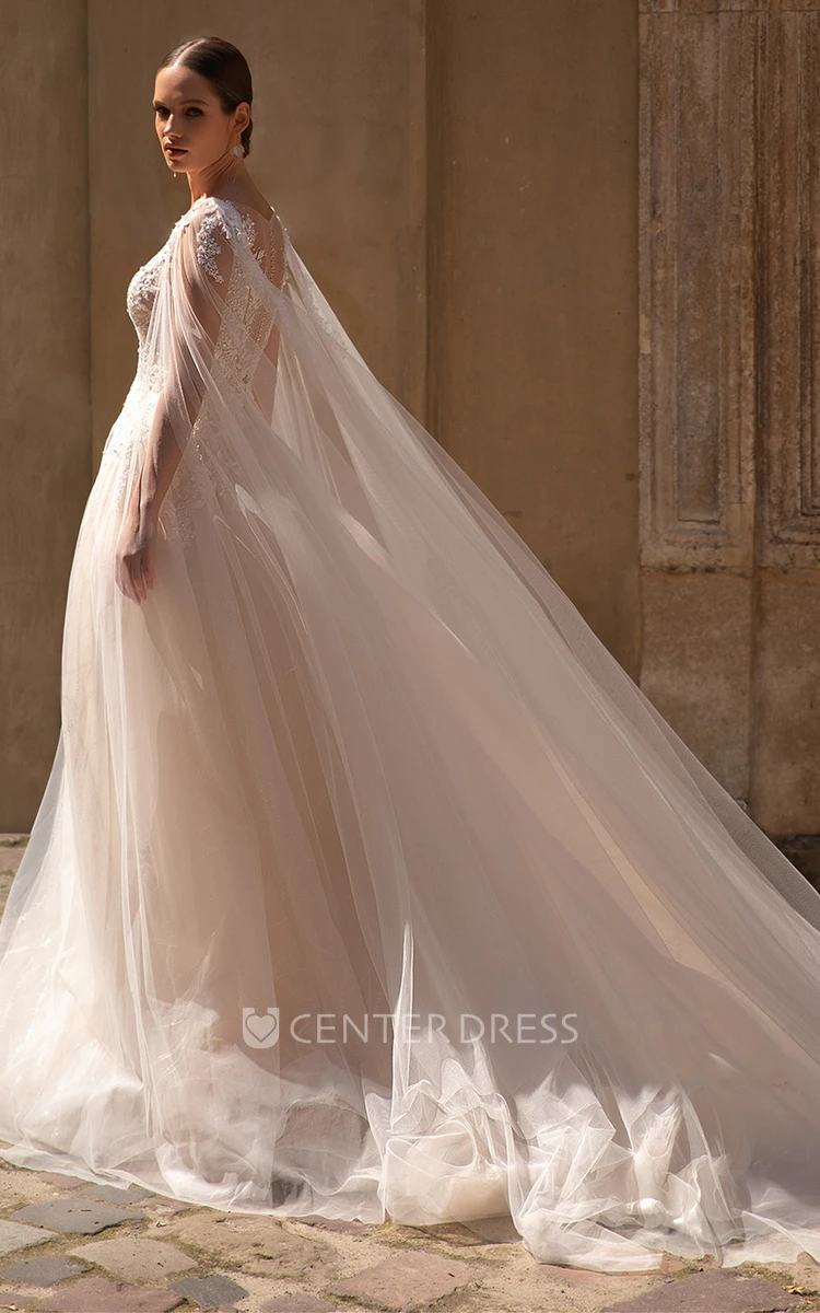 Ethereal A Line Tulle Plunging Neckline Wedding Dress with Appliques and Beading