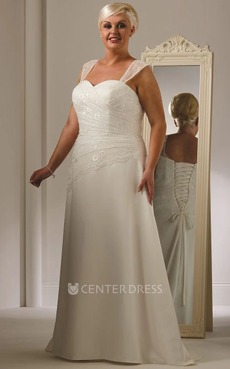 Cap Sleeve Lace Top Taffeta Bridal Gown With Lace Up