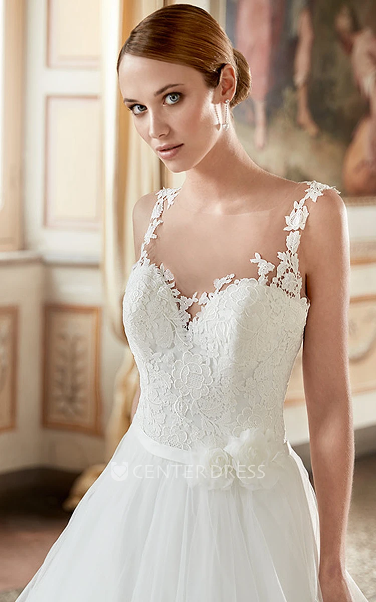 A-Line Appliqued Floor-Length Sleeveless Scoop-Neck Tulle Wedding Dress With Flower And Ruffles