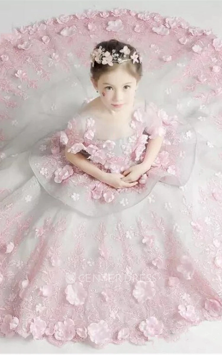 Floral Organza Scoop Tier Flower Girl Dress with Lace and Applique