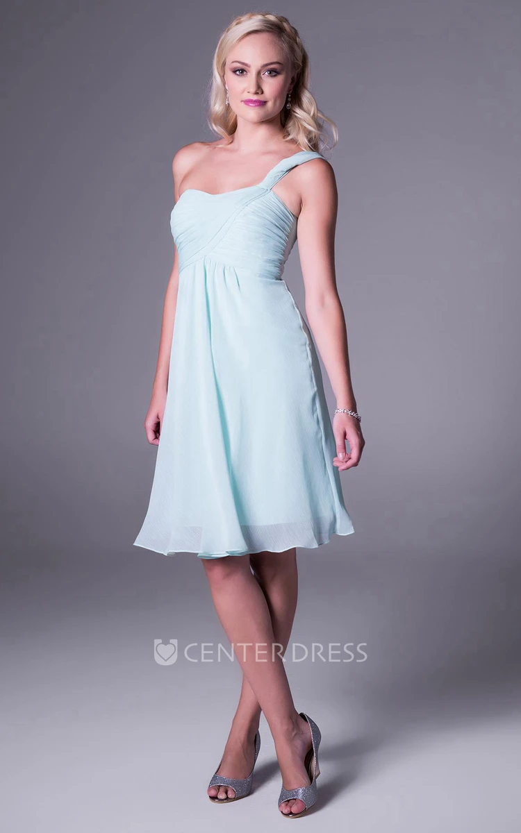 One-Shoulder Sleeveless Knee-Length Chiffon Bridesmaid Dress With Ruching And Zipper