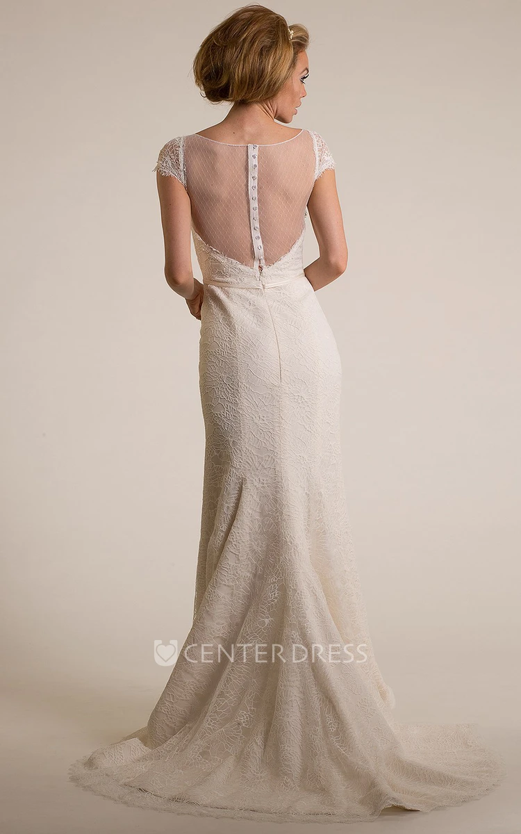 Sheath Scoop-Neck Cap-Sleeve Lace Wedding Dress With Illusion