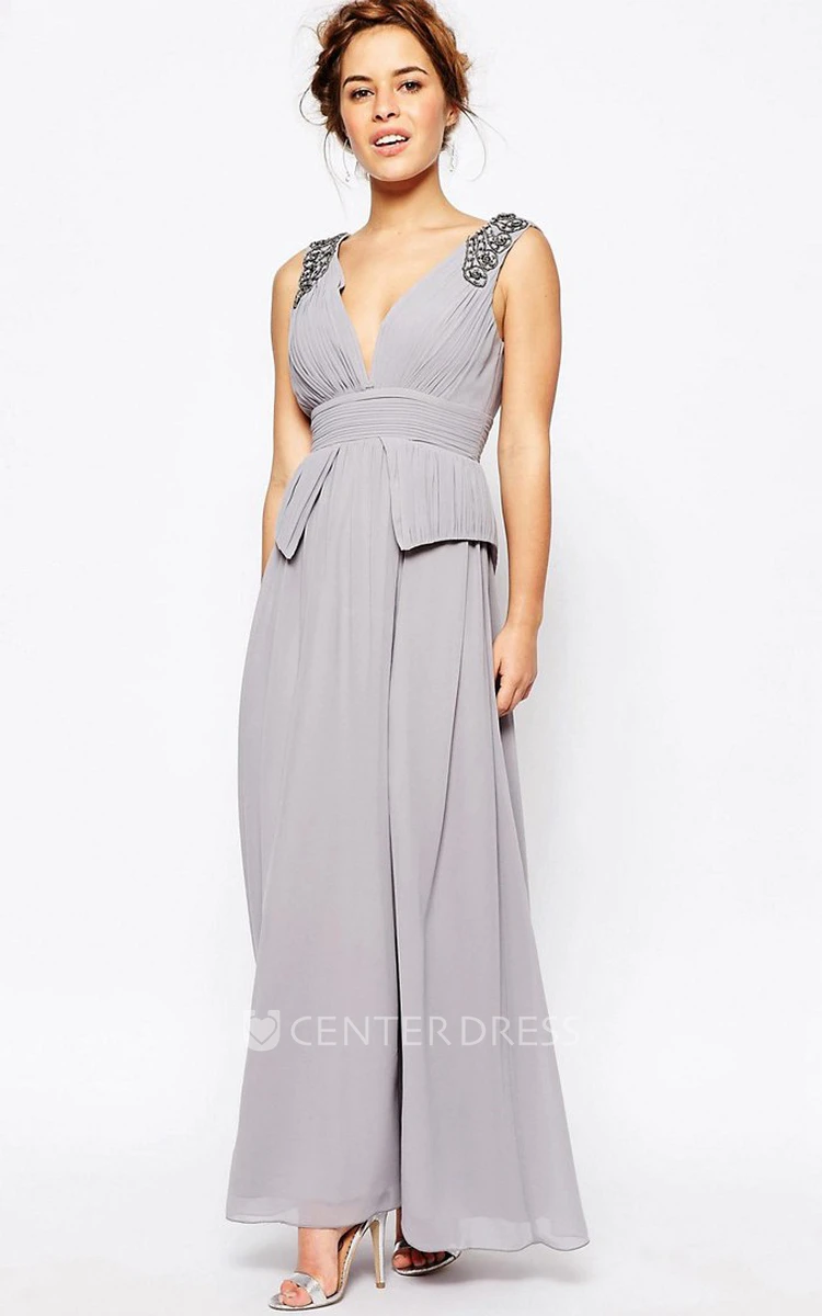 A-Line Ruched Ankle-Length V-Neck Sleeveless Chiffon Bridesmaid Dress With Beading