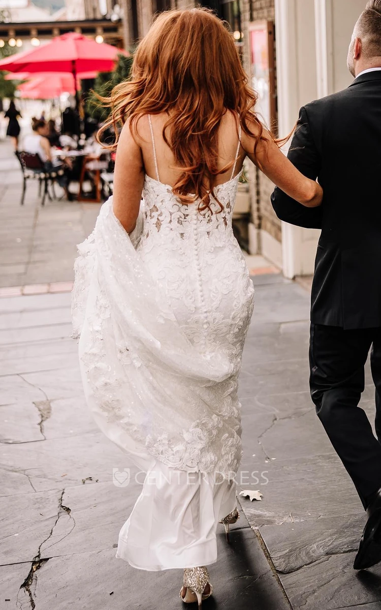 Mermaid Sexy Spaghetti V-neck Wedding Dress Boho Sweep Train Lace Garden Bridal Gown
