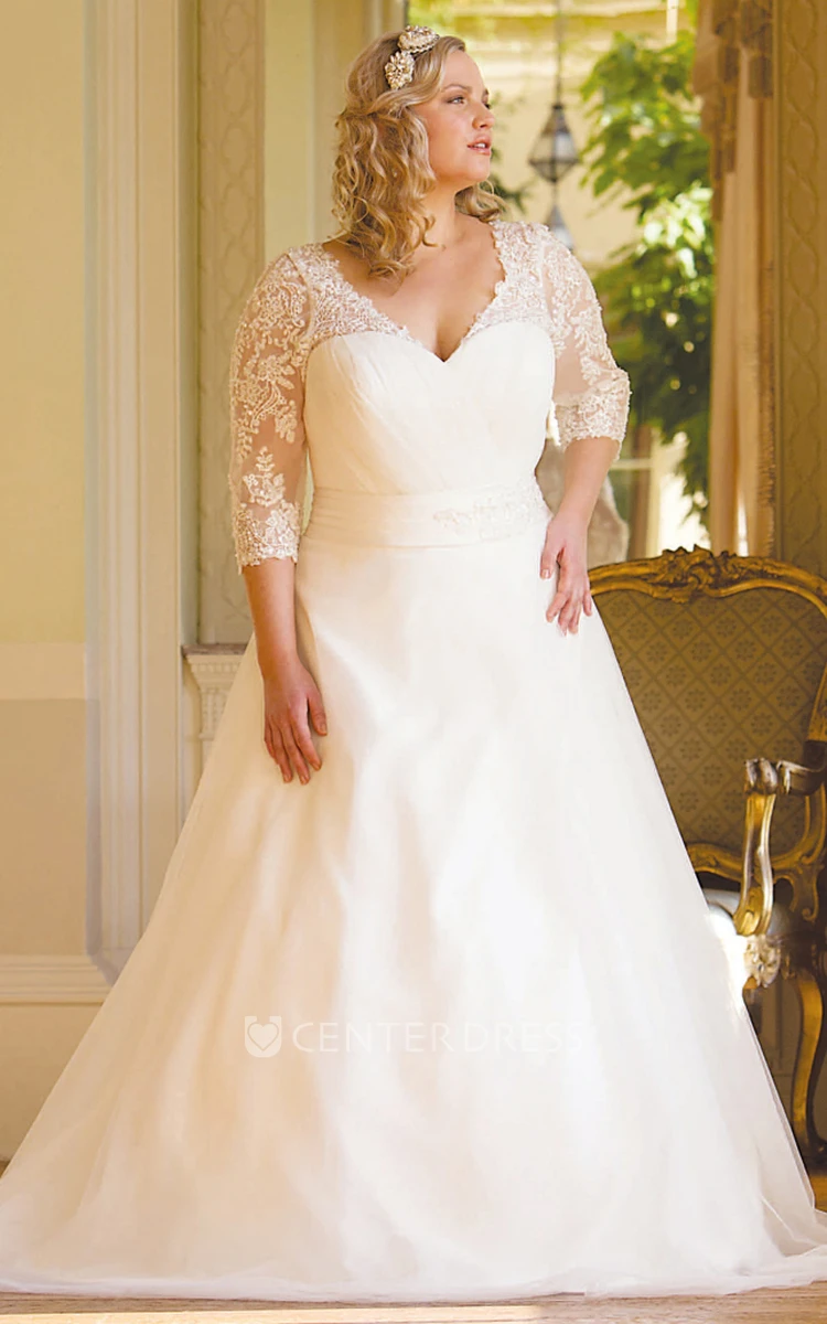 A-Line 3-4-Sleeve V-Neck Tulle Plus Size Wedding Dress - UCenter Dress