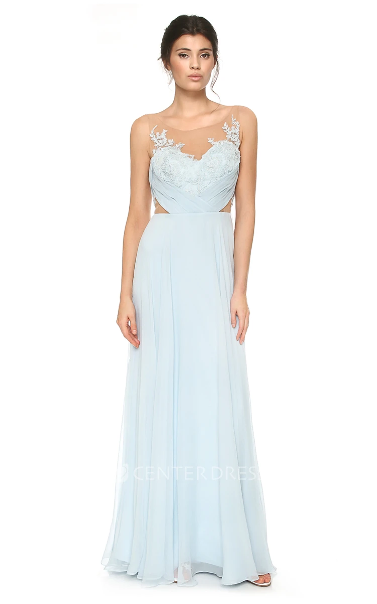 Scoop-Neck Sleeveless Floor-Length Pleated Chiffon Bridesmaid Dress With Appliques And V Back