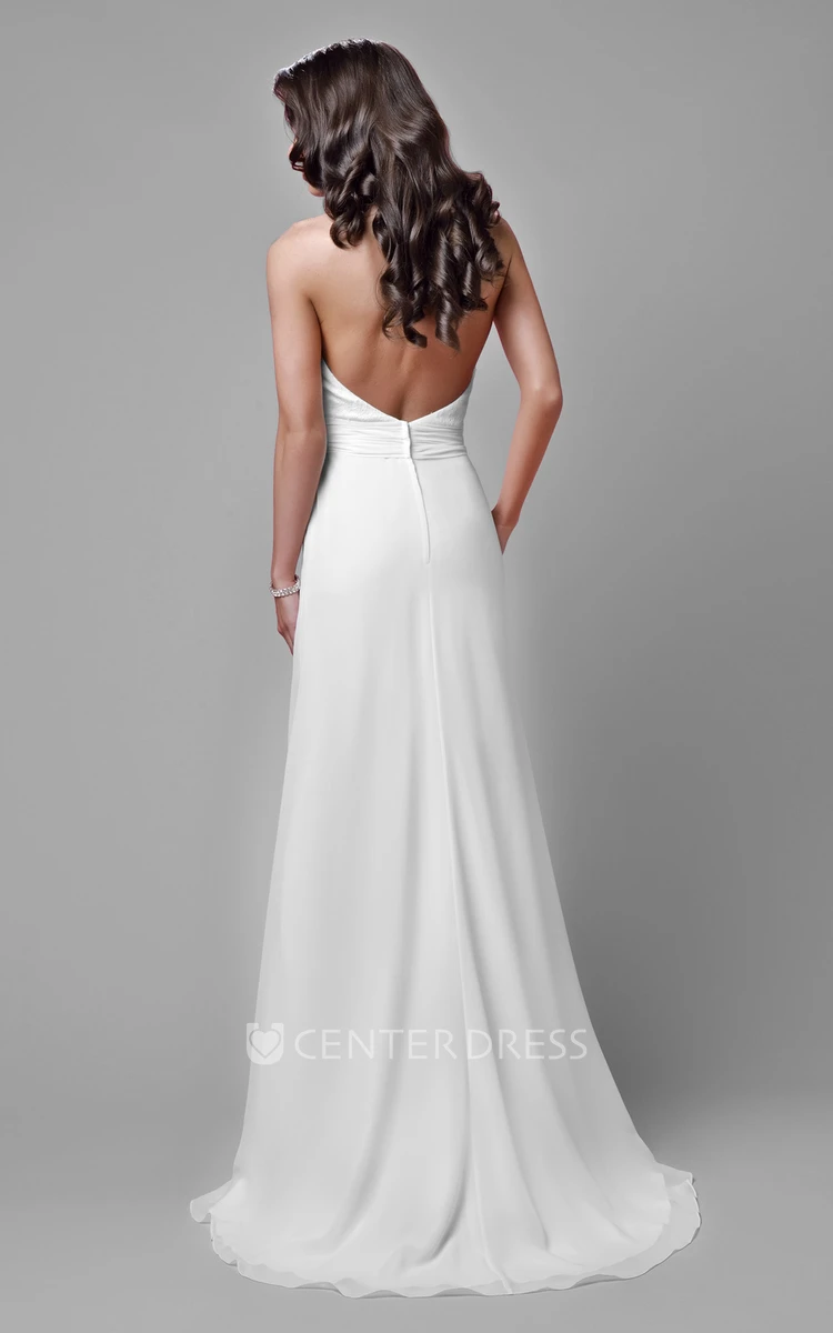 Lace And Chiffon Sleeveless Wedding Dress With Halter And Open Back